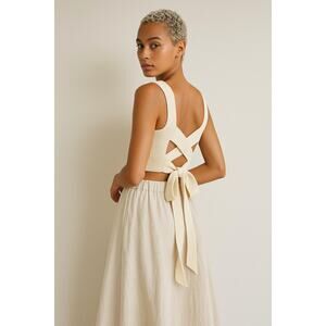 New ASTR Square Neck Sweater Top Ribbed Cream Neutral Tie Back Sexy Small